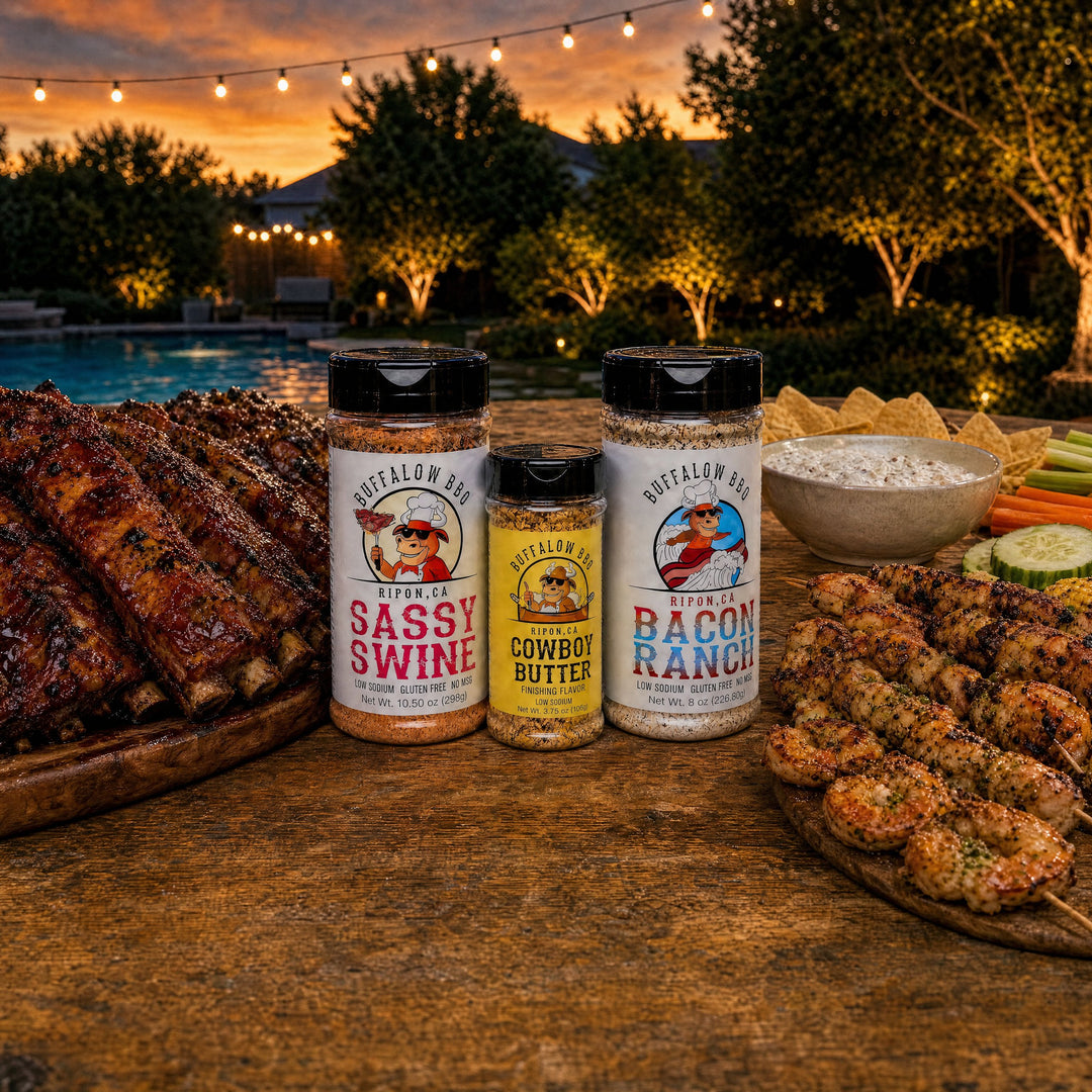 BuffalowBBQ Backyard Cookout bundle: Sassy Swine, Cowboy Butter and Bacon Ranch with ribs and shrimp skewers on a backyard table at dusk