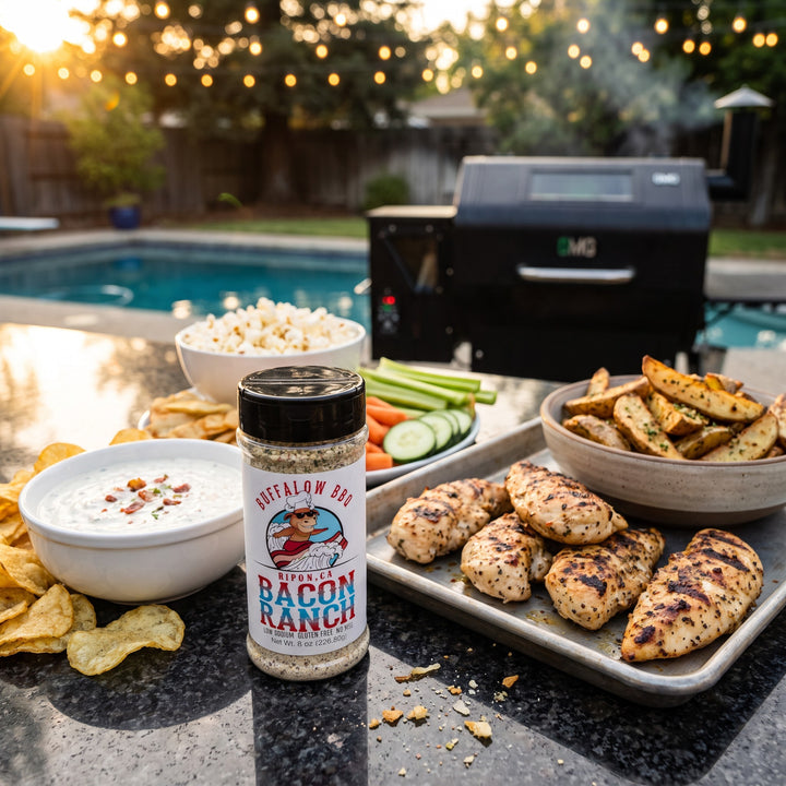 One bottle of BuffalowBBQ Bacon Ranch seasoning on a backyard counter with ranch dip, chips, popcorn, veggies, grilled chicken and potato wedges, with the pool and pellet grill behind at sunset.