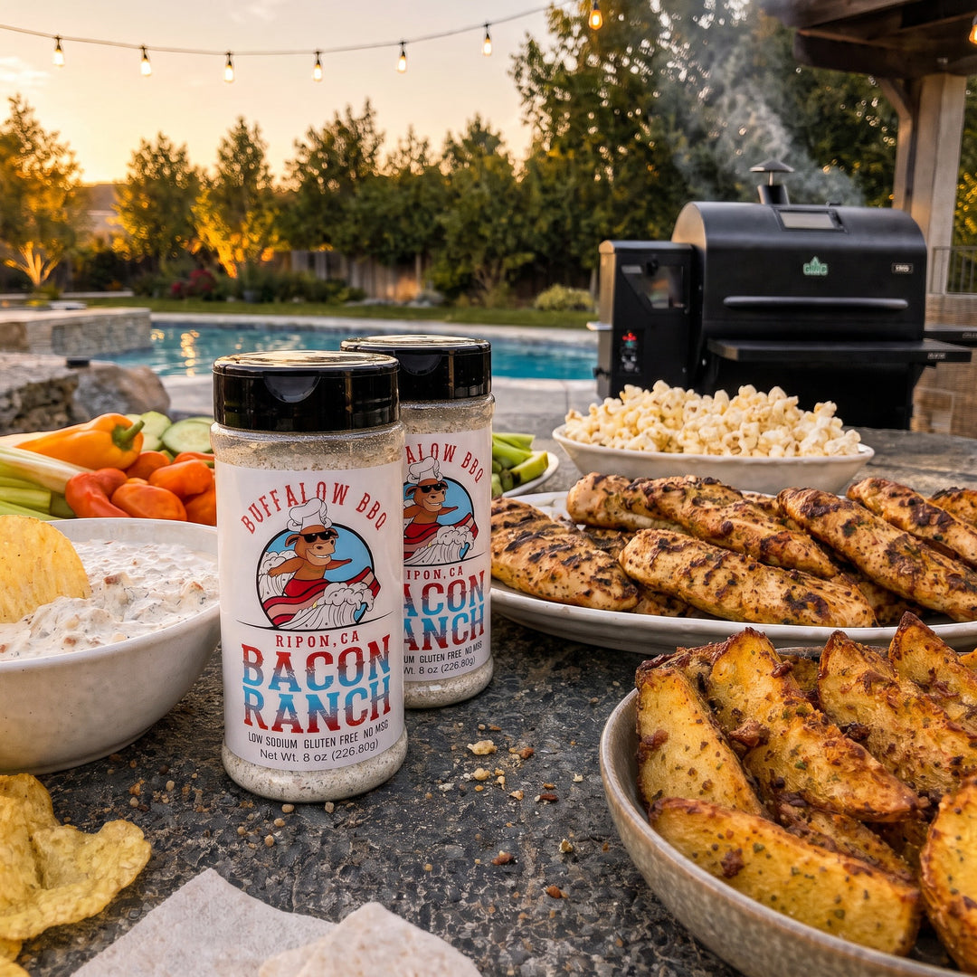 Two bottles of BuffalowBBQ Bacon Ranch seasoning with bacon ranch dip, chips, veggies, popcorn, grilled chicken and potato wedges by the pool and pellet grill at sunset.