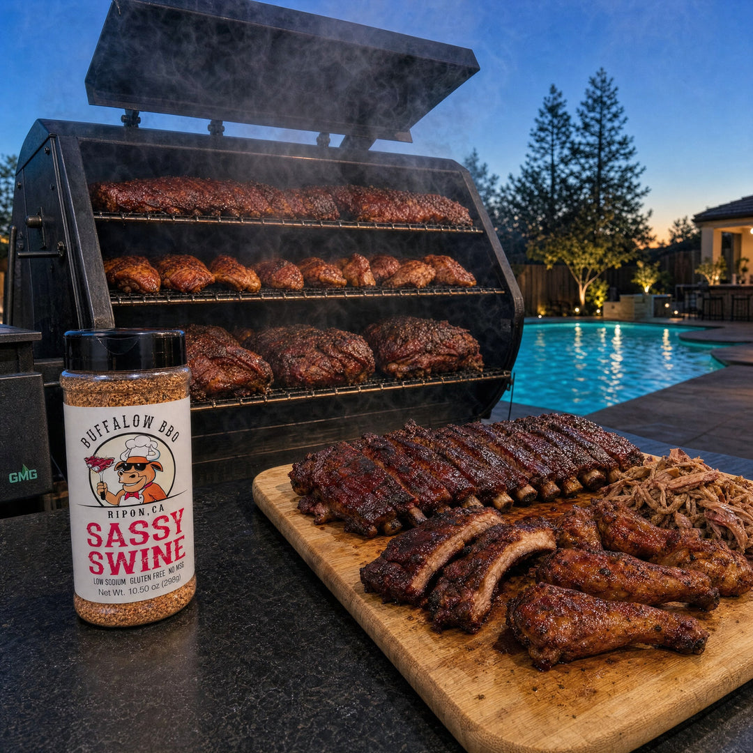 BuffalowBBQ Sassy Swine BBQ rub, one bottle beside a smoker full of ribs and chicken and a board of ribs, pulled pork, and drumsticks at dusk by the pool.