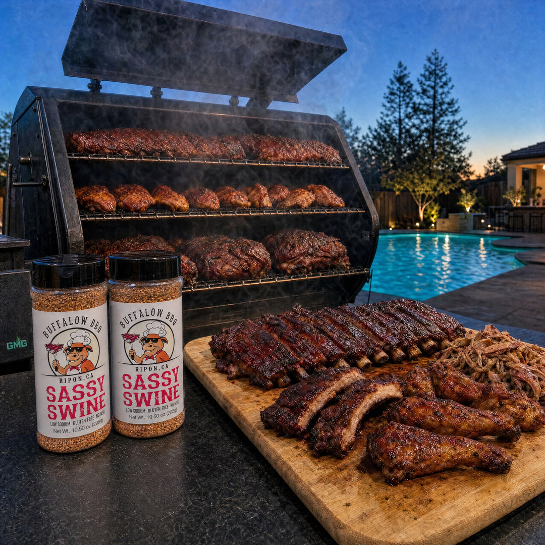 BuffalowBBQ Sassy Swine BBQ rub, two bottles beside a smoker full of ribs and chicken and a board of ribs, pulled pork, and drumsticks at dusk by the pool.