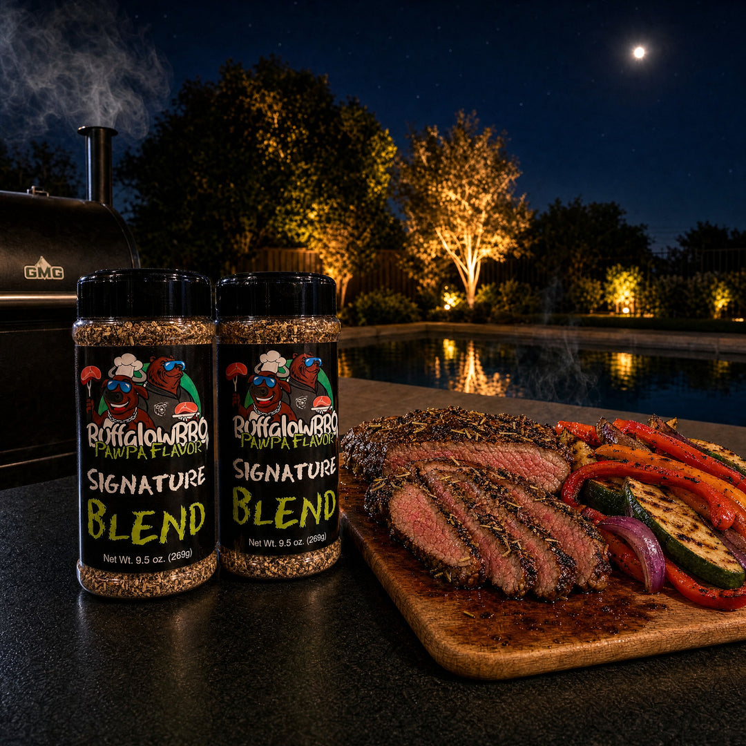 Two bottles of BuffalowBBQ Signature Blend all-purpose BBQ rub and seasoning, square hero photo