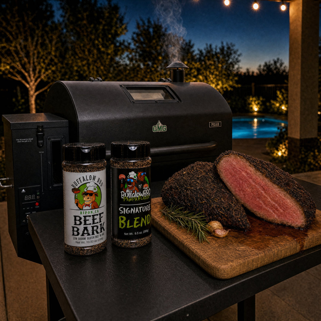BuffalowBBQ Tri-Tip Pair: Beef Bark and Signature Blend beside a pellet grill with a sliced smoked tri-tip on a cutting board at dusk.