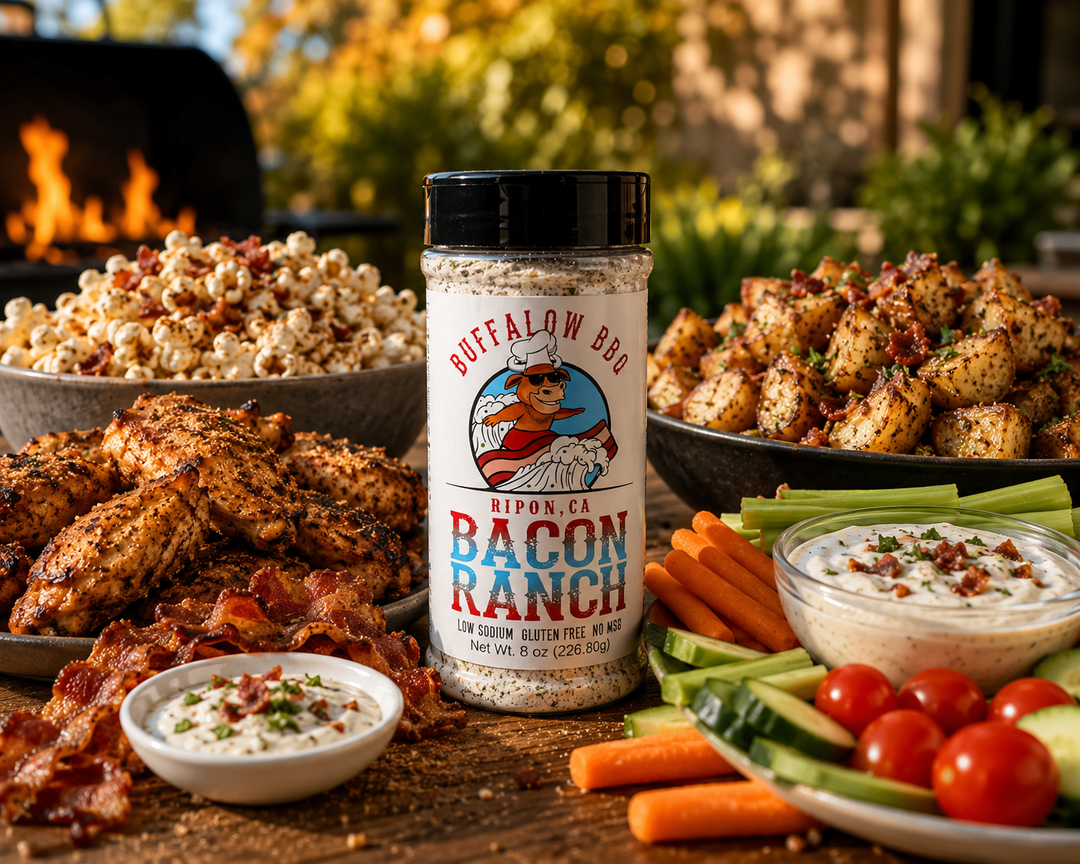 BuffalowBBQ Bacon Ranch seasoning surrounded by chicken wings, bacon, vegetables, potatoes, popcorn, and ranch dip.