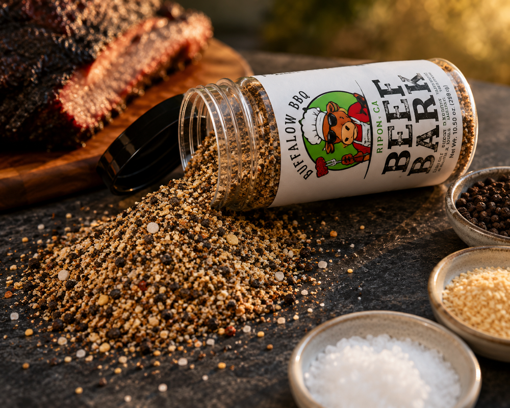BuffalowBBQ Beef Bark seasoning spilled onto a rustic surface with smoked brisket, coarse pepper, garlic, and kosher salt.