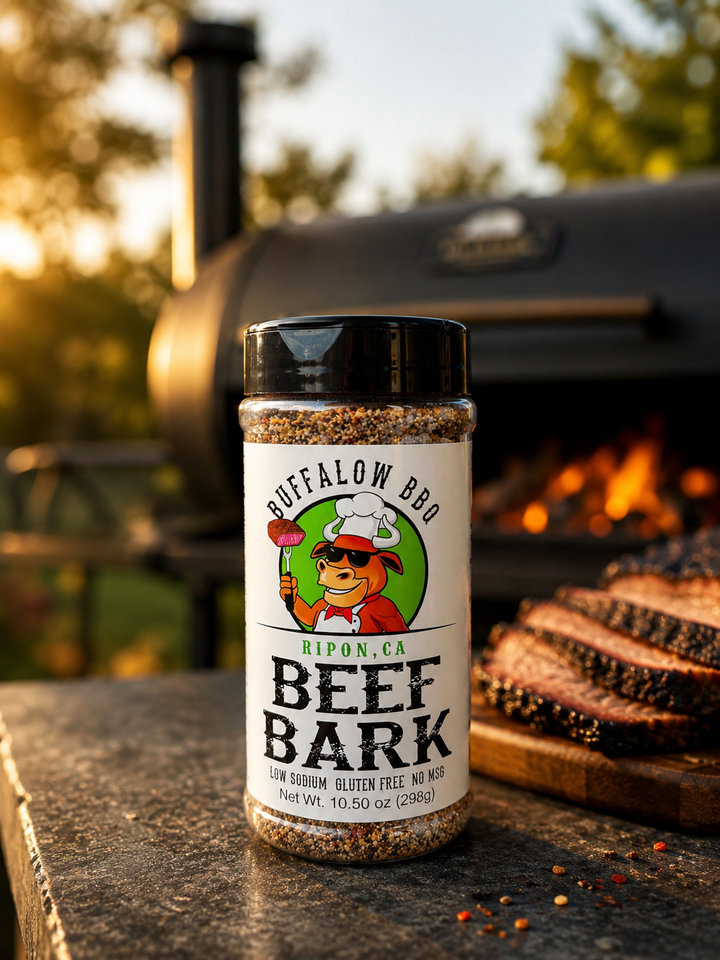 BuffalowBBQ Beef Bark seasoning bottle displayed in front of a smoker with sliced smoked brisket on a cutting board.