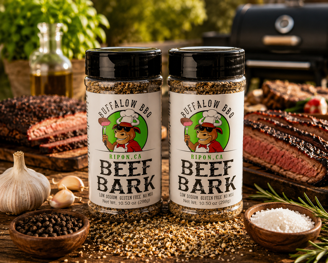 Two bottles of Buffalow BBQ Beef Bark seasoning displayed with sliced brisket on a rustic grilling table.