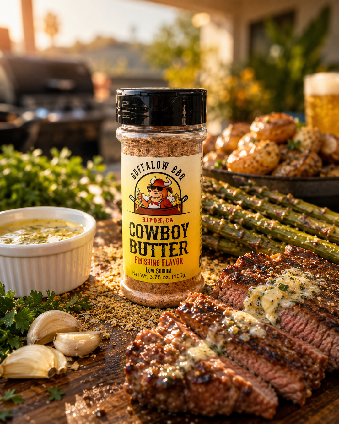 BuffalowBBQ Cowboy Butter Seasoning beside grilled steak topped with garlic butter and grilled asparagus.