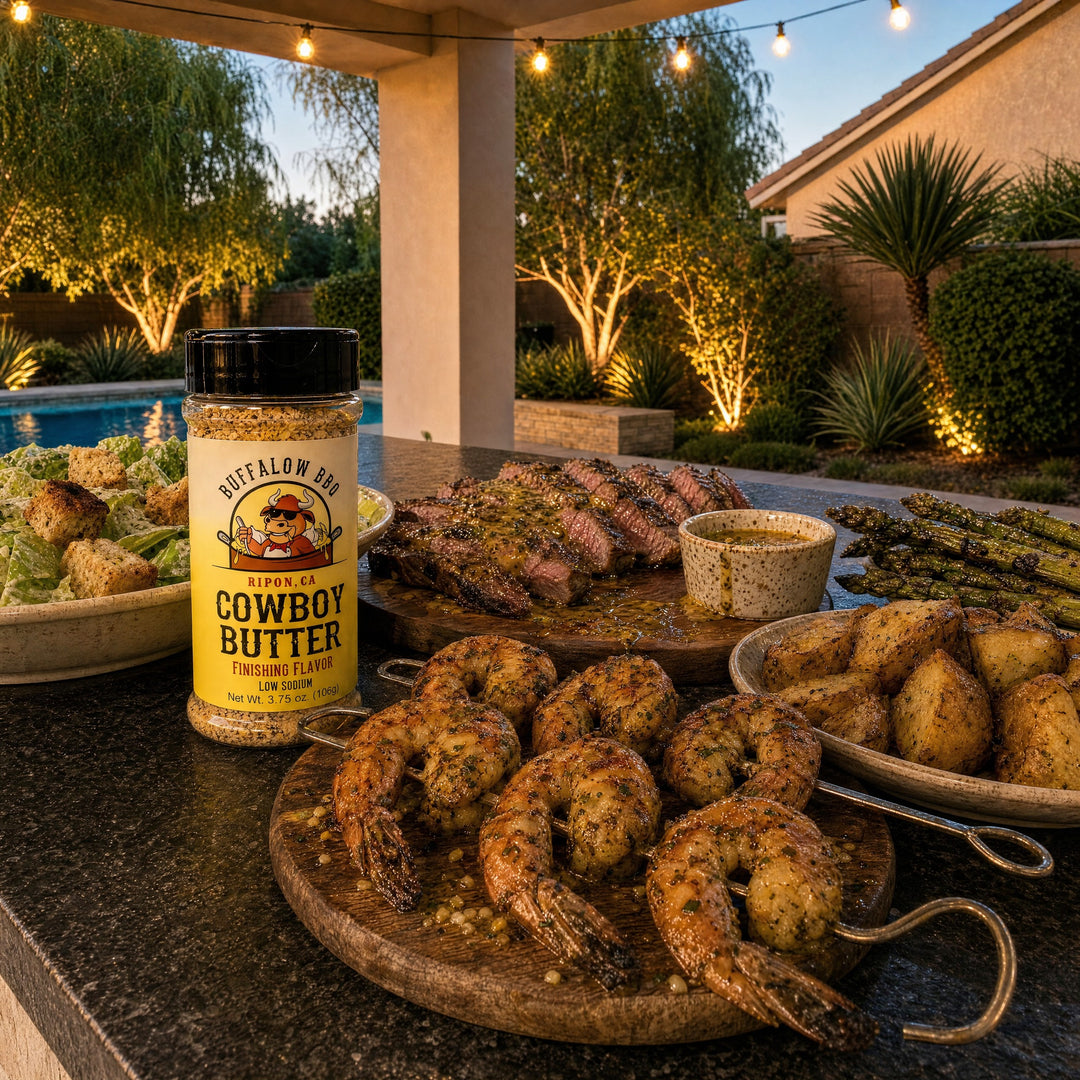 One bottle of BuffalowBBQ Cowboy Butter Seasoning on an outdoor kitchen counter beside grilled steak, shrimp skewers, asparagus, roasted potatoes and Caesar salad at dusk.