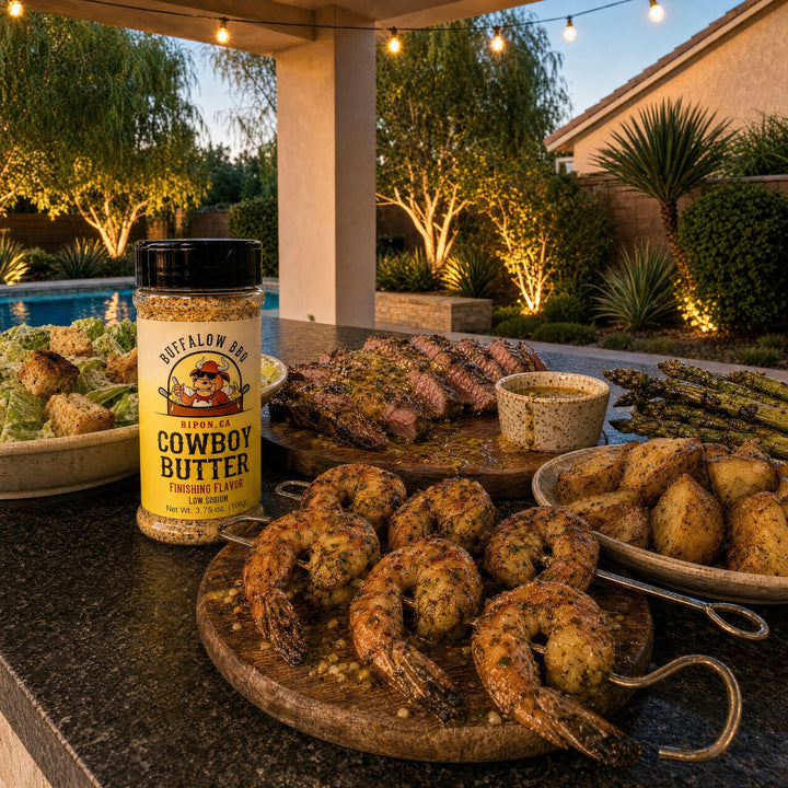 One bottle of BuffalowBBQ Cowboy Butter Seasoning on an outdoor kitchen counter beside grilled steak, shrimp skewers, asparagus, roasted potatoes and Caesar salad at dusk.
