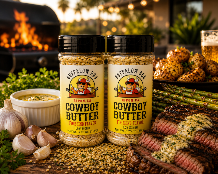 Two bottles of BuffalowBBQ Cowboy Butter Seasoning with grilled steak, asparagus, and garlic butter.