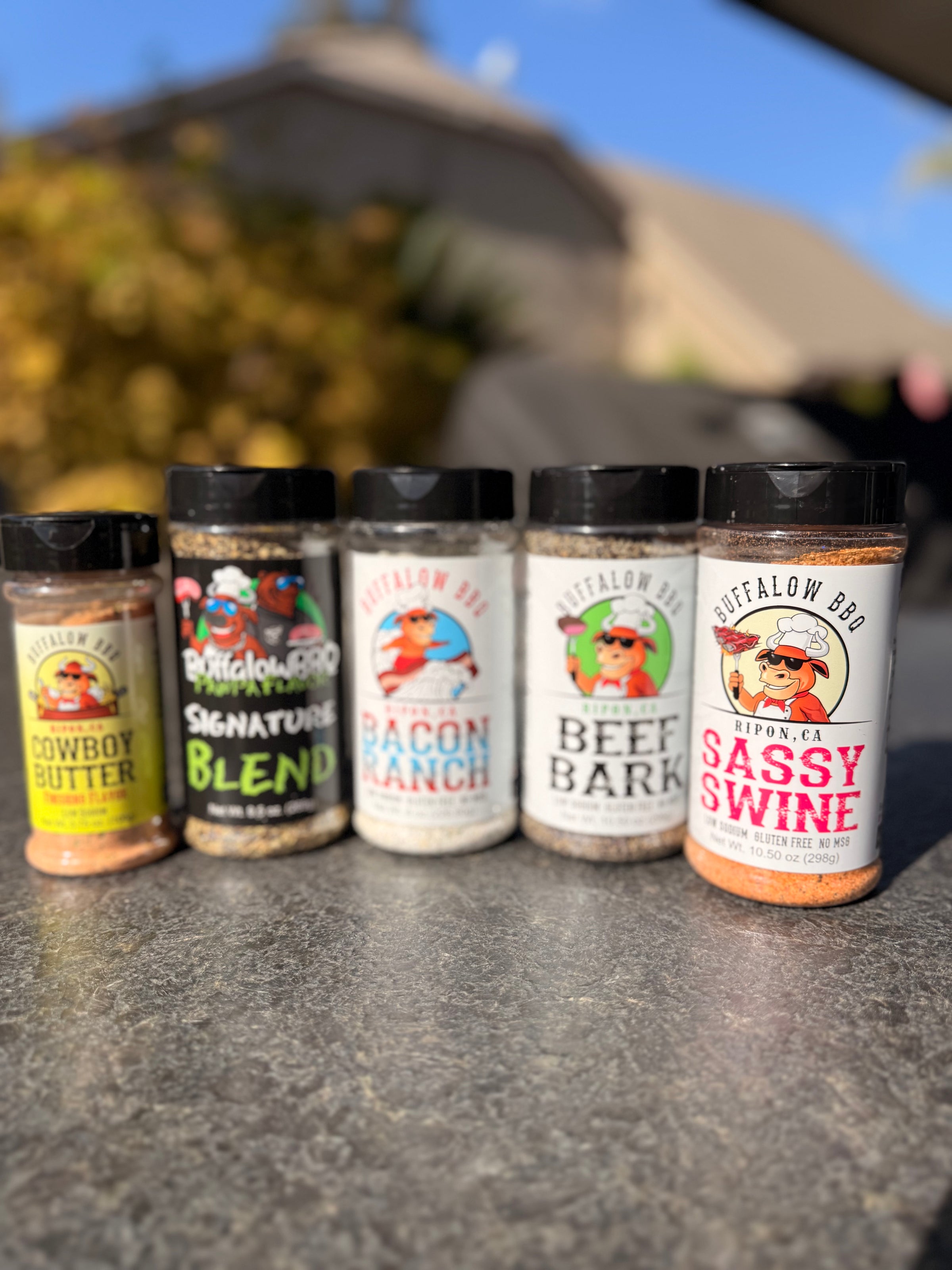 omplete lineup of BuffalowBBQ seasoning blends displayed for retail and wholesale partners.