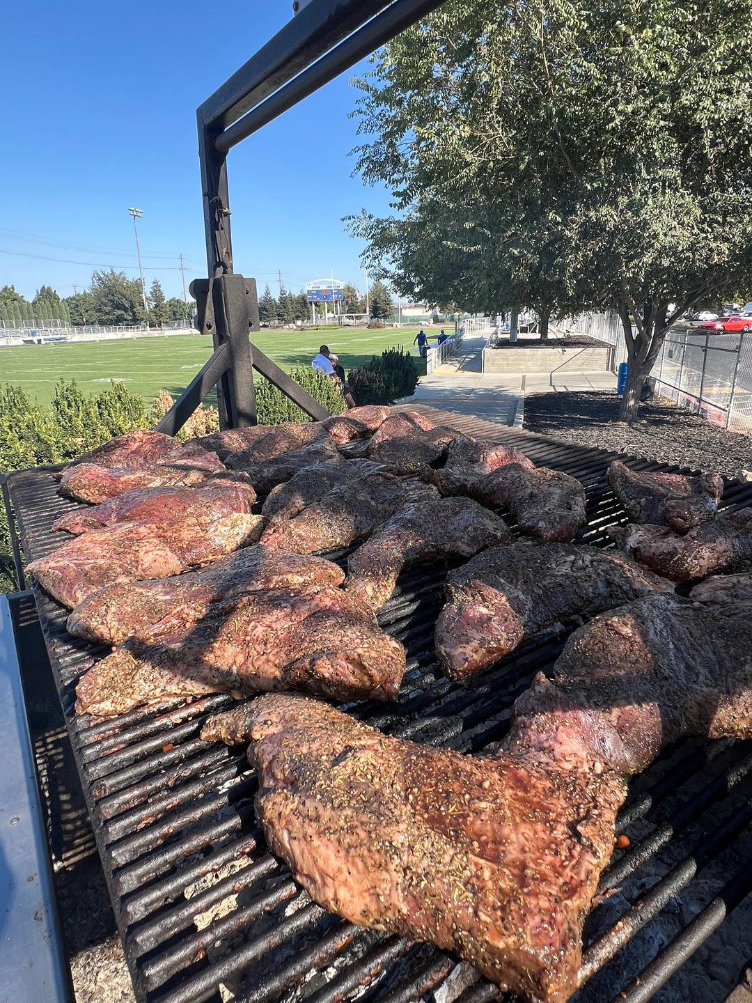 Beef briskets seasoned with BuffalowBBQ Beef Bark BBQ Rub smoking on an outdoor grill.