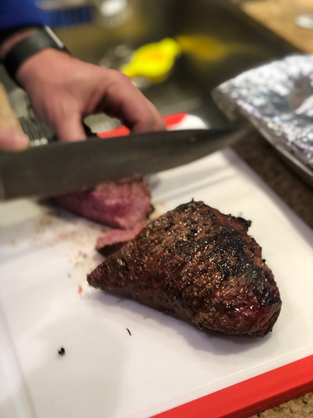 Sliced grilled steak seasoned with BuffalowBBQ Beef Bark rub