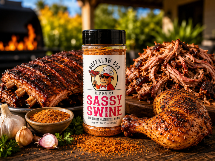 BuffalowBBQ Sassy Swine pork seasoning bottle surrounded by smoked ribs, pulled pork, and grilled chicken.