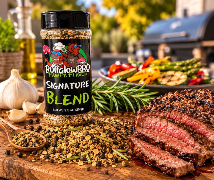 BuffalowBBQ Signature Blend all-purpose seasoning beside sliced steak, garlic, rosemary, and seasoning on a wooden board with a backyard grill in the background.