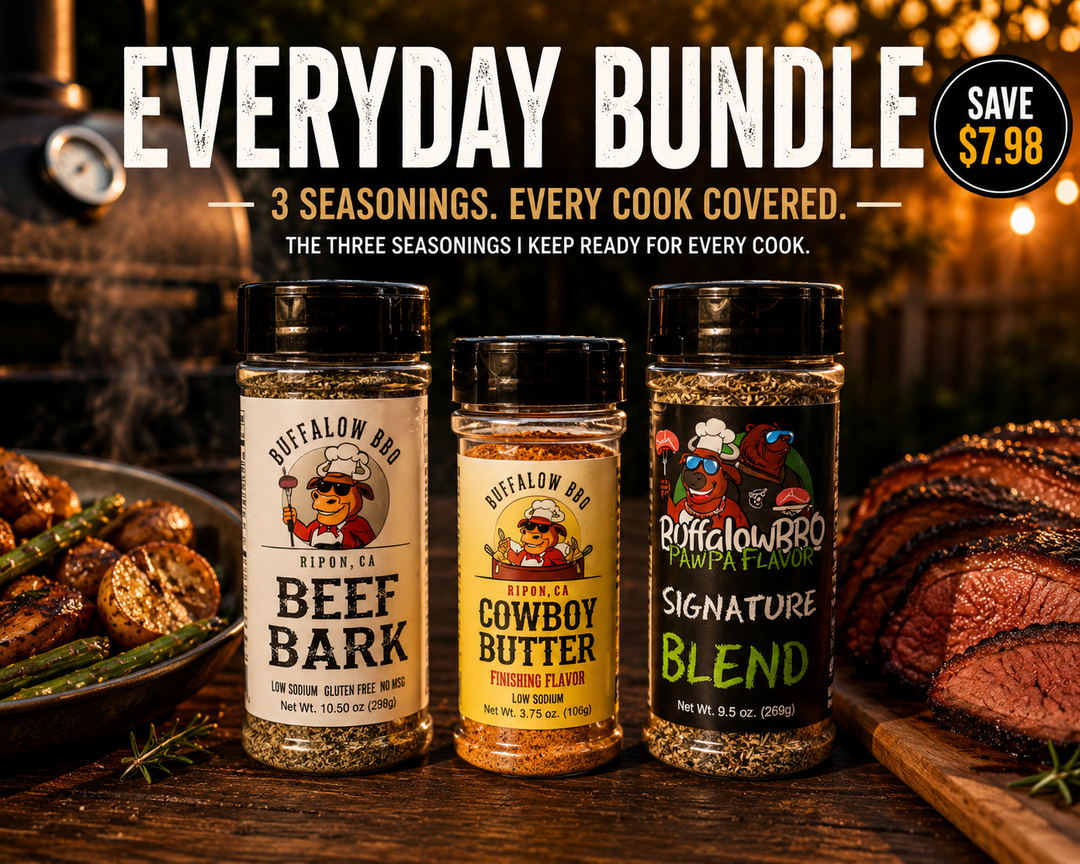 BuffalowBBQ Everyday BBQ Rub Bundle featuring Signature Blend, Beef Bark, and Cowboy Butter seasonings with grilled tri-tip, vegetables, and a backyard smoker at sunset.