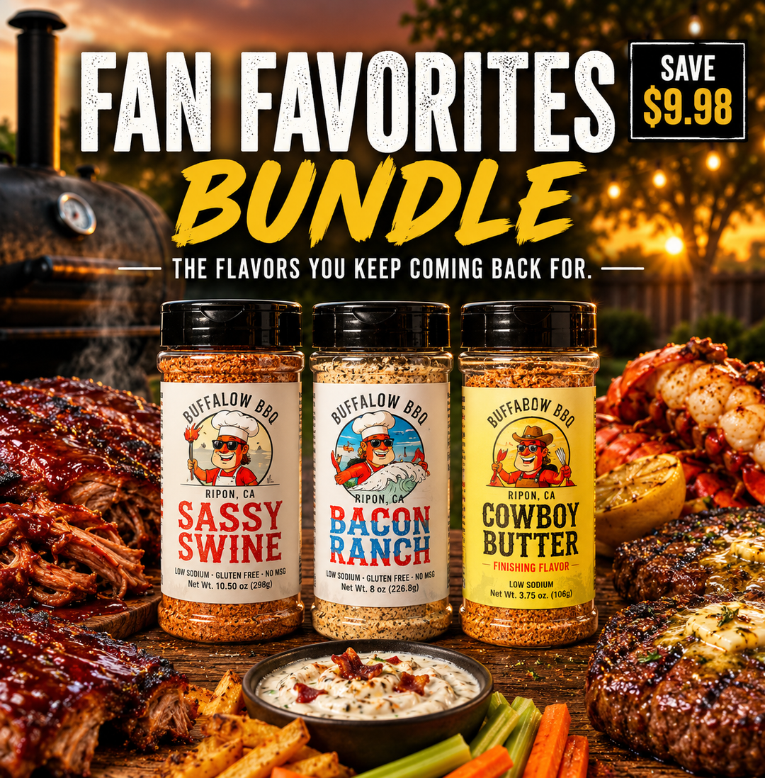BuffalowBBQ Fan Favorites BBQ Rub Bundle featuring Bacon Ranch, Cowboy Butter, and Sassy Swine seasonings with grilled chicken, pulled pork, and smoked vegetables in a backyard BBQ setting.