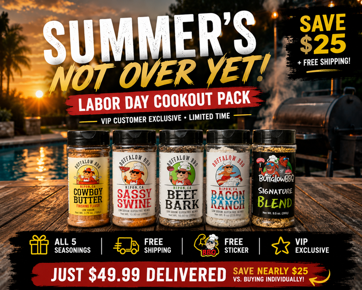 Labor Day cookout spice blend pack advertisement featuring five bottles of Buffalo BBQ seasoning on a wooden table at a poolside sunset. The products include Cowboy Butter, Sassy Swine, Beef Bark, Bacon Ranch, and Signature Blend.